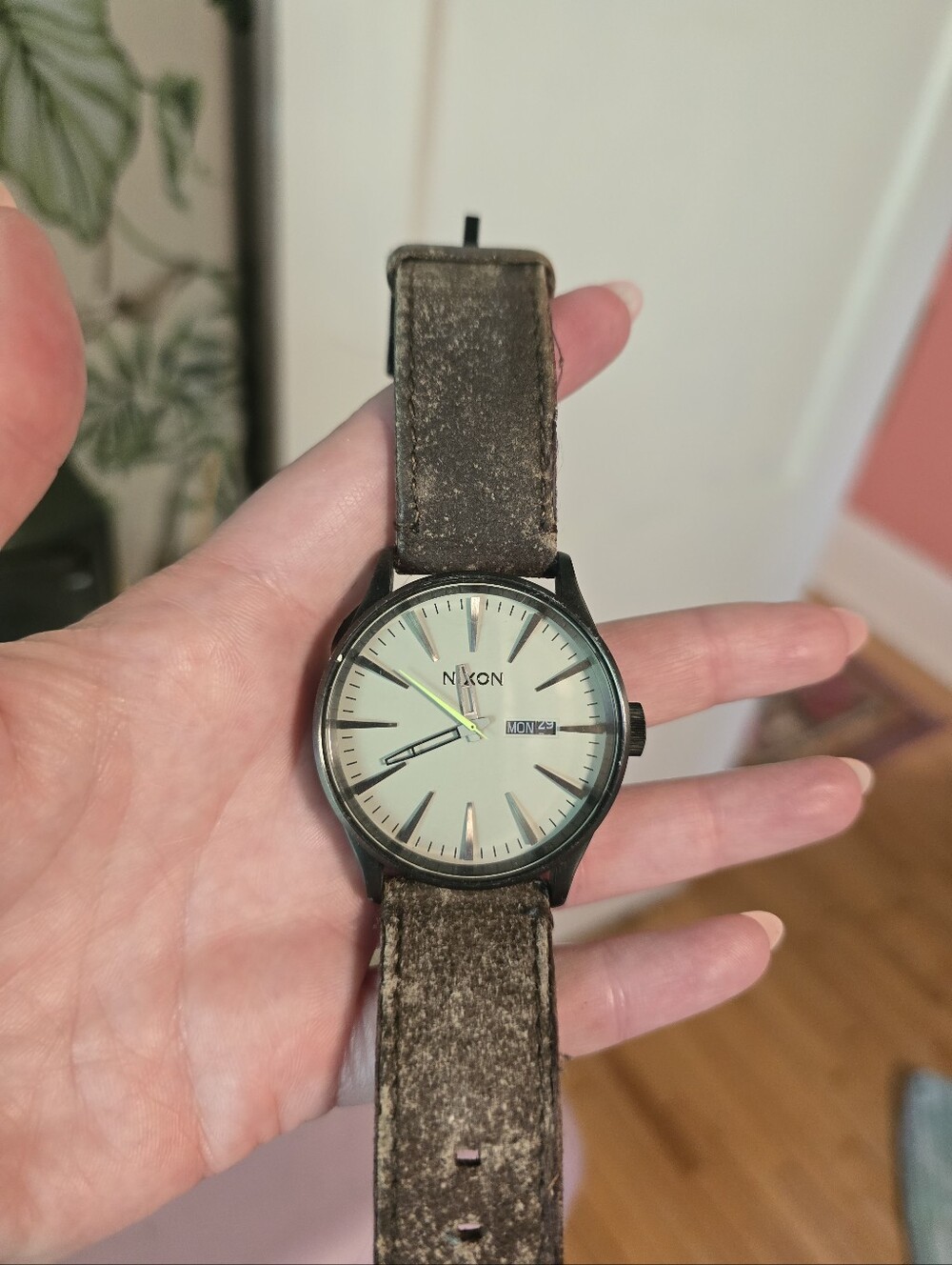 Nixon Men's Brown Leather Strap Wristwatch - Sage Dial
